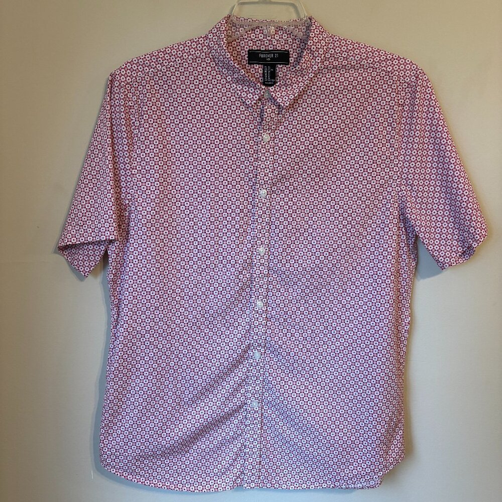 Forever 21 Red Geometric Print Short Sleeve Button-Down Shirt Men's Size XL